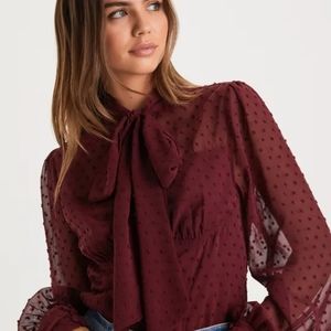 Lulu's Burgandy Swiss Dot Tie Front Top NWT